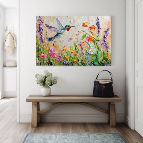 Bonita impresión de pintura sobre lienzo de arte de pared de colibrí y flores silvestres de primavera - Imagen 6 de 11