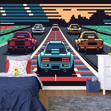 Retro Computer Game Car Race Art Wallpaper Mural Removeable Washable Peel &Stick