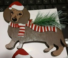 DECORATIVE DACHSHUND WOODEN ORNAMENTS DRESSED IN STRIPED SCARFWITH RED HAT
