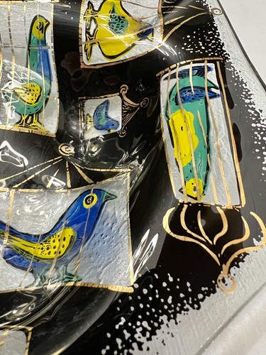 Mid Century Modern Higgins Fused Art Glass Ashtray Birds in Cages- Signed - Picture 3 of 12