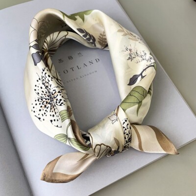 100% Silk Scarf Women Beige Flower Wrap Head Neck Hair Kerchief