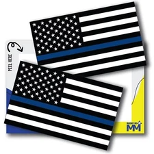 Thin Blue Line American Flag Adhesive Decal Sticker, 2 Pack, 3x5 Inches