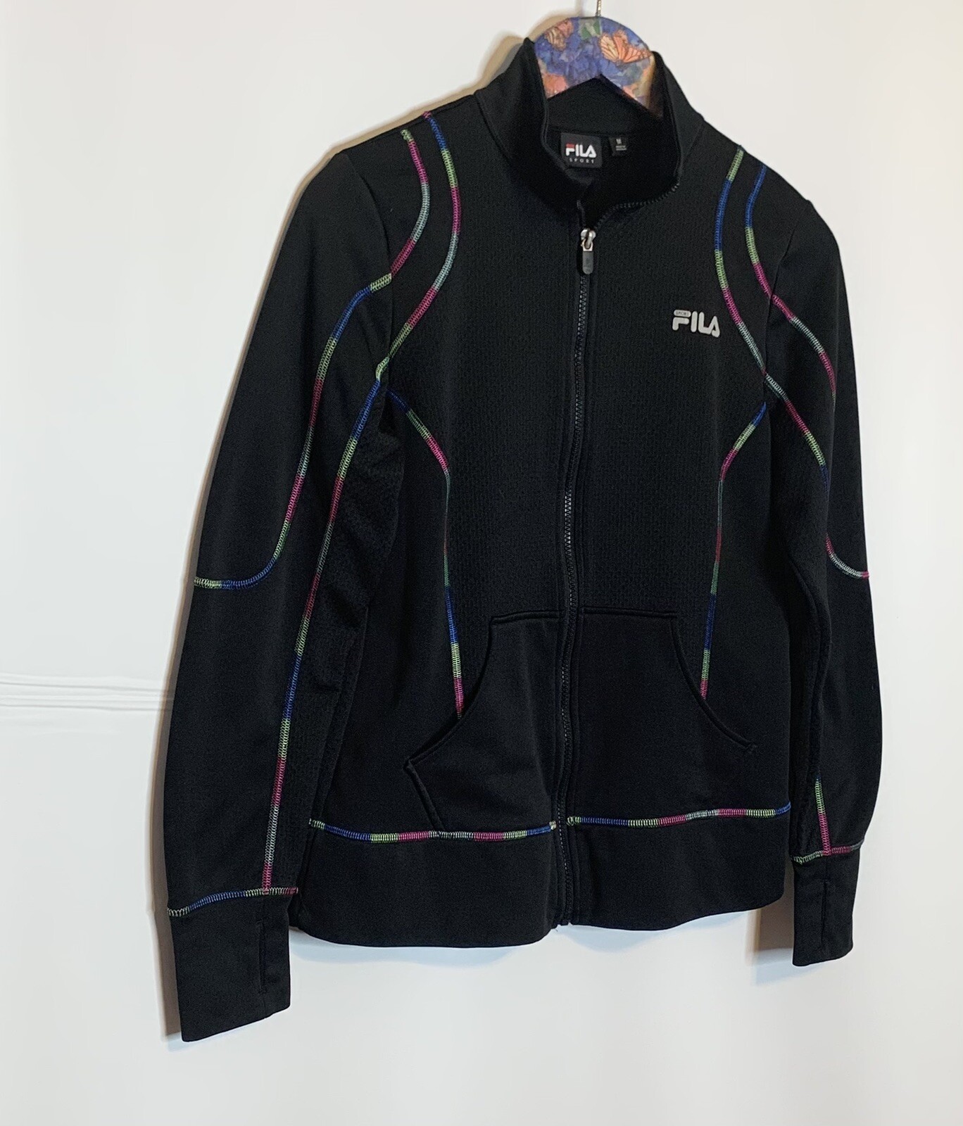 Giacca sportiva Fila donna taglia media cuciture colorate fori pollice tasche zip