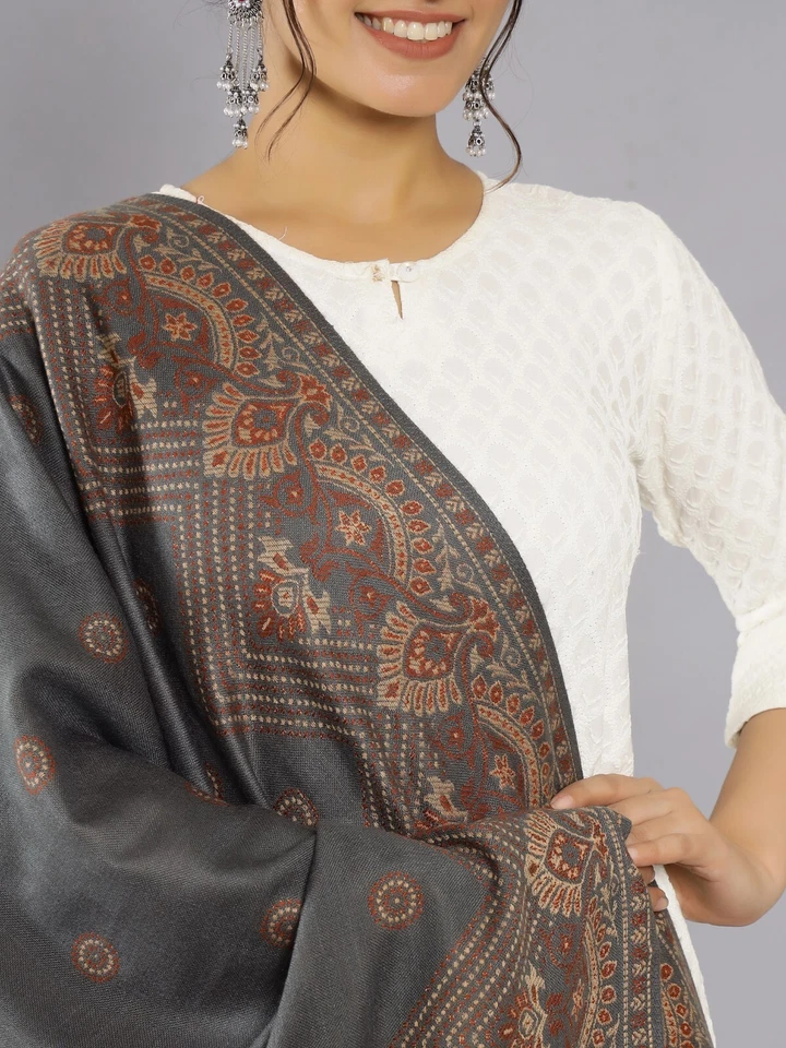 Женщин большого размера 100% кашемир индийской шерсти одеяло шаль надежном пейсли шарф серый - Изображение 4 из 4