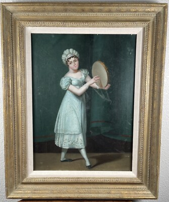Antique French Oil Painting Young Girl Woman Tambourine Portrait 19th century