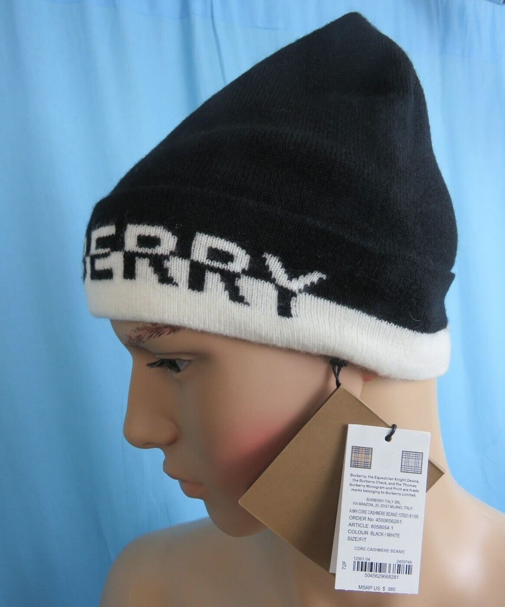 NWT BURBERRY CORE BLACK WHITE CASHMERE LETTERING LOGO BEANIE