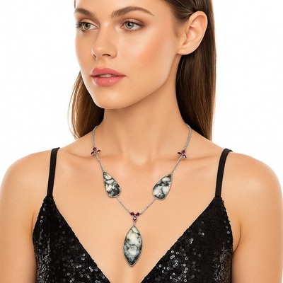 Natürliches Baumkraut Moos Achat & Granat 925 Silber Halskette Schmuck N-1021