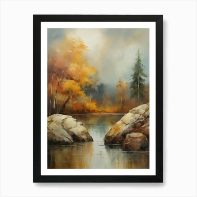 Herbstsee, Waldsee, Vintage Oi gerahmtes Wandbild Poster Leinwanddruck Bild