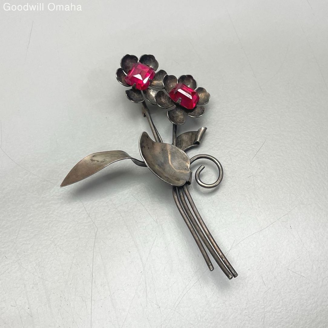 Vintage Sterling Silver Large Ruby Gemstones Flow… - image 1