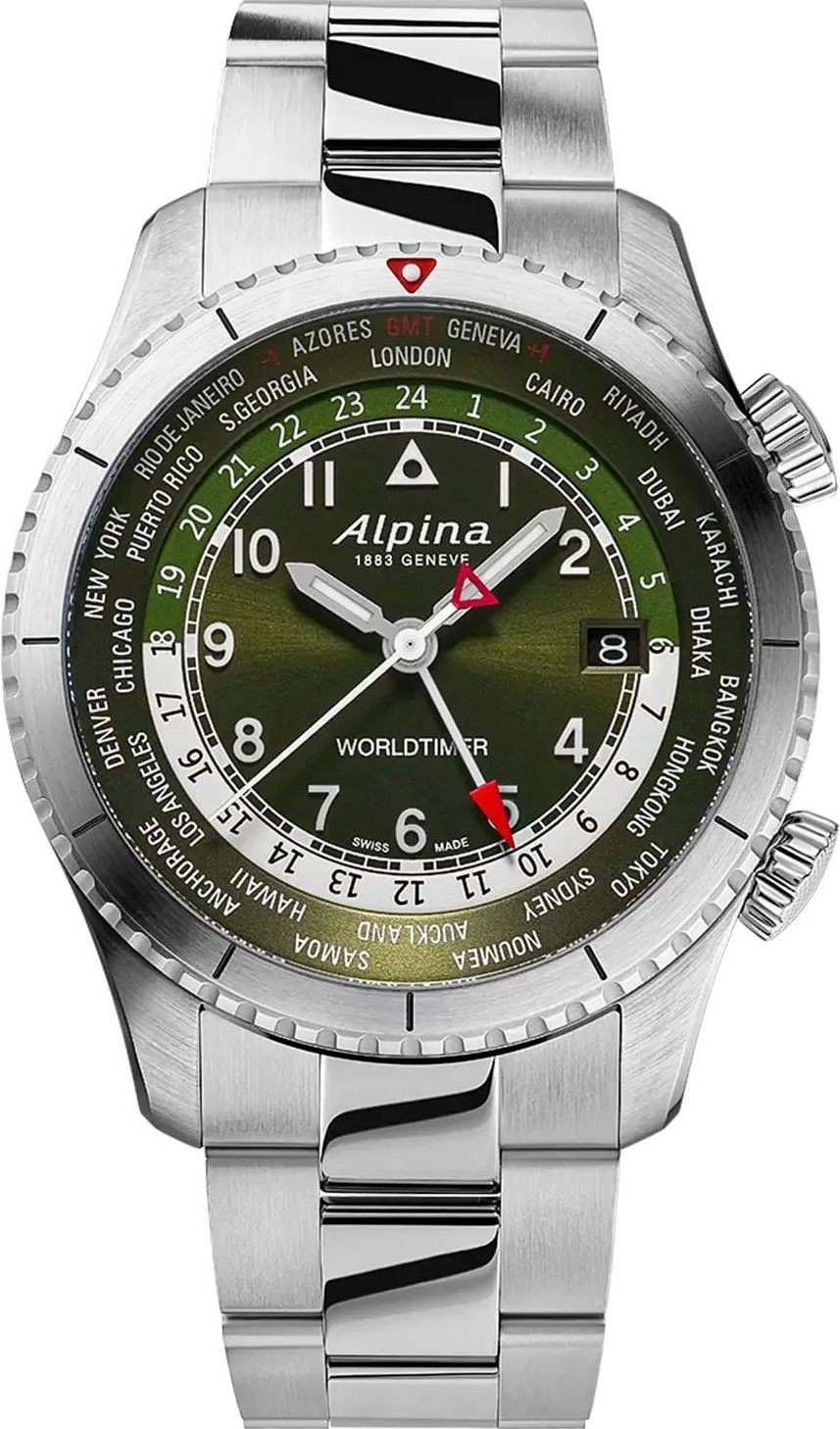 Alpina Silver Mens Analogue Watch Startimer Pilot Quartz Worldtimer