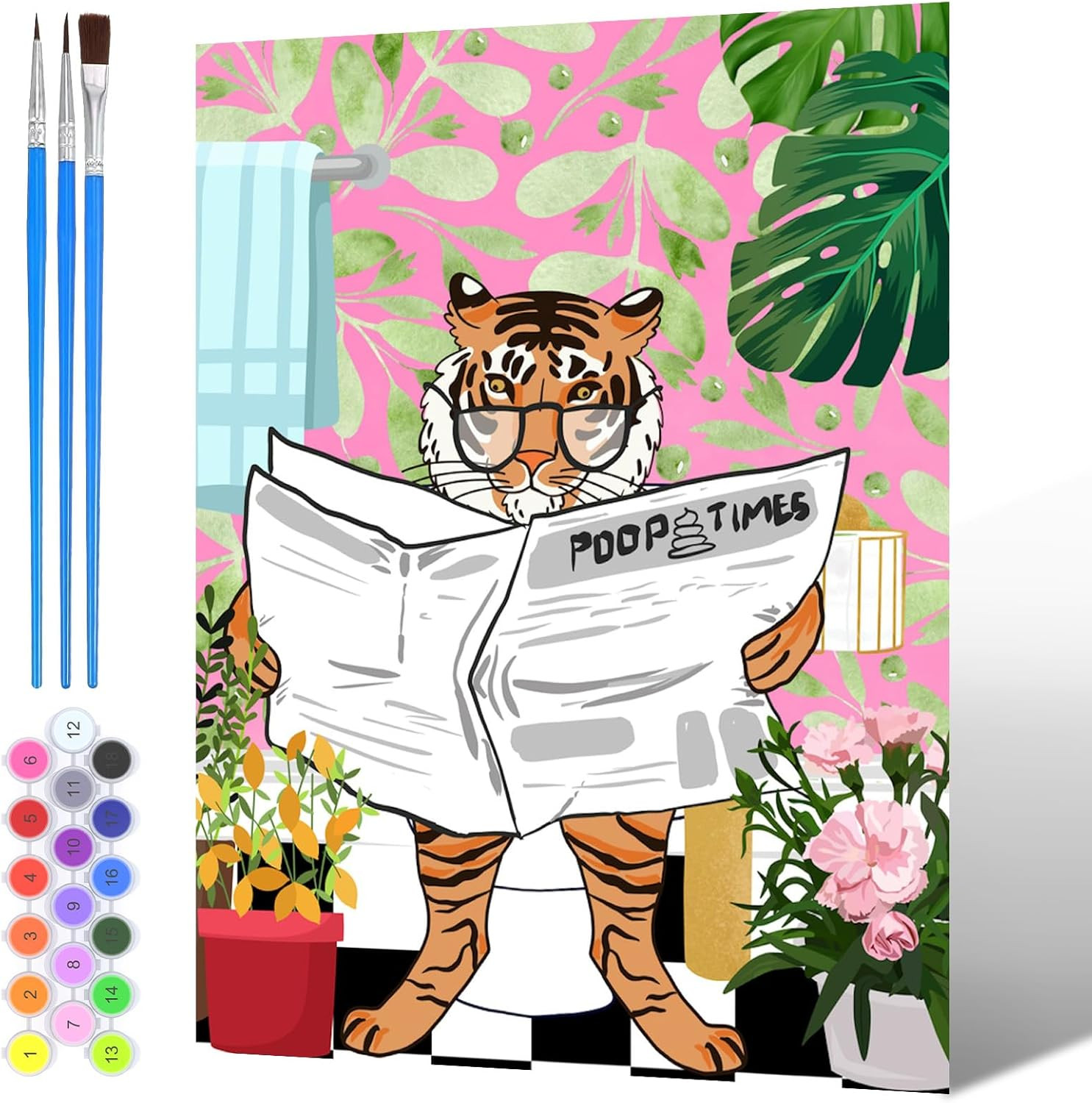 Painting by Numbers Tiger in Toilet for Adults Beginners, DIY Acrylic Funny Anim