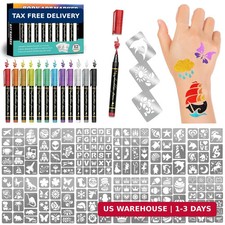 12PCS Metallic Tattoo Markers 183 Stencils Temporary Body Art Pens DIY Set