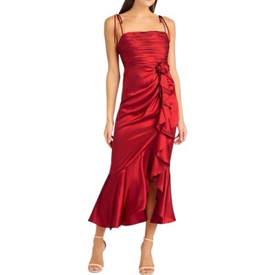 CINQ A SEPT Mireya Cherry Rose Red Satin Evening Dress Floral Ruffle Appliqué 8