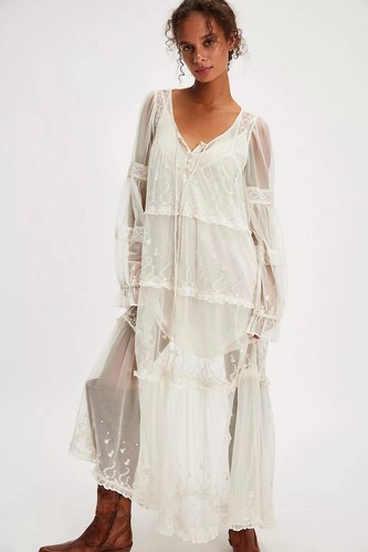 New Free People Stevie Maxi Dress Embroidered Sheer Mesh Ruffled Lined Ivory L - Picture 1 of 9