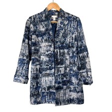 Chicos Blue Silver Abstract Silk Blend Open Front Blazer Jacket 0 S Office