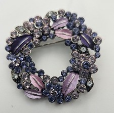 Vintage Style Rhinestone Wreath Brooch Purple Blue Floral Pin 1.5"