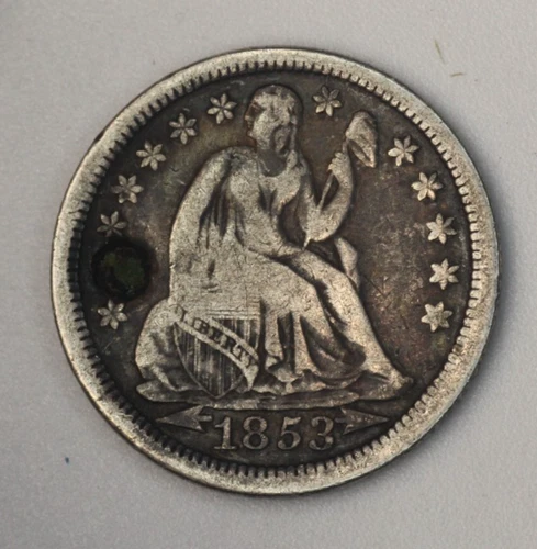 1853 Seated Liberty Half Dime With Arrows, VG Details, Holed, Bent, Cleaned