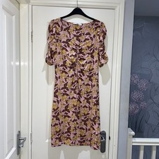 Next Pink Yellow Floral Leaf Ruched Sleeves V Neck Midi Dress Stretchy Size 10