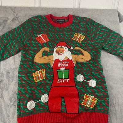 Blizzard Bay Mens Ugly Christmas Sweater Santa Flexing Muscle Workout Gym Size M