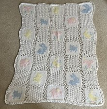 VTG Crochet Baby Blanket Animals 45 x 31.5 Bunny /Duck/Elephant/Bear/Cat/Horse