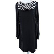 WHBM Cocktail Dress Sz 6 Black Sheer Sleeve Lattice Neckline Little Black Dress 