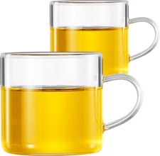 Glass Tea Cups Set of 2, 4.3oz Clear High Borosilicate Glass Teacups with Handle