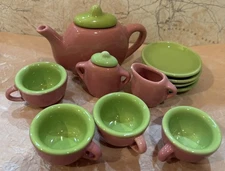Miniature Child's Tea Set 13 pc Green & Pink Porcelain Pot C&S 4 Cups & Plates