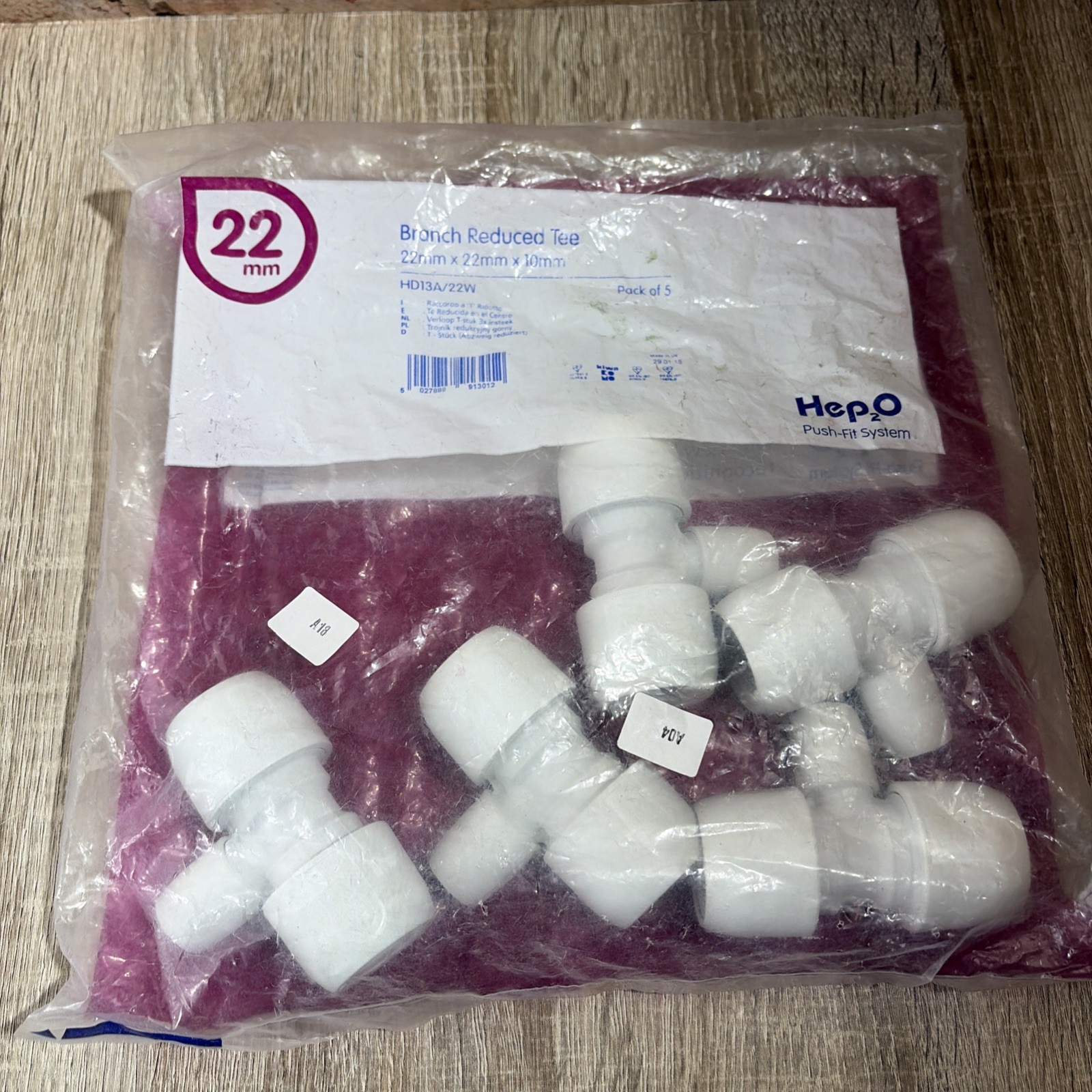 HEP2O BRANCH REDUCED TEE 22mm x 22mm x 10mm HD13A/22W 5 PACK