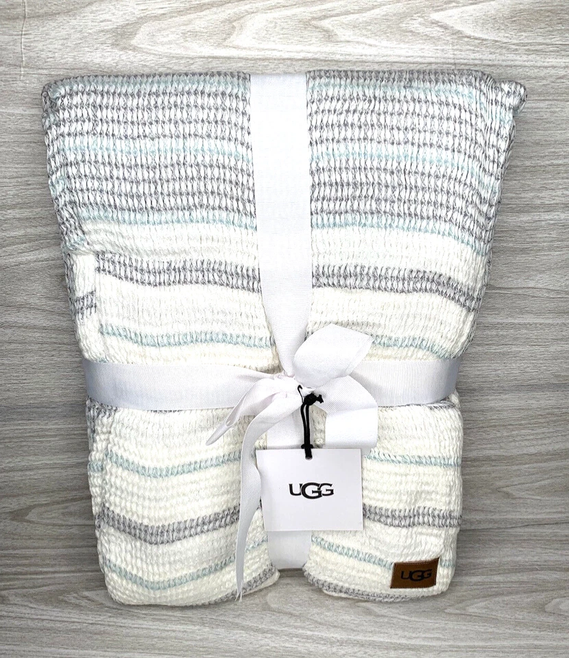 UGG® Kayla Throw Blanket 50x70 Chambray Cotton Gauze Blue Striped NEW Gift Ready - Image 3 of 4