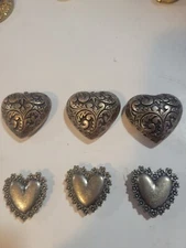6 Heart Shaped Silver Tone Button Covers