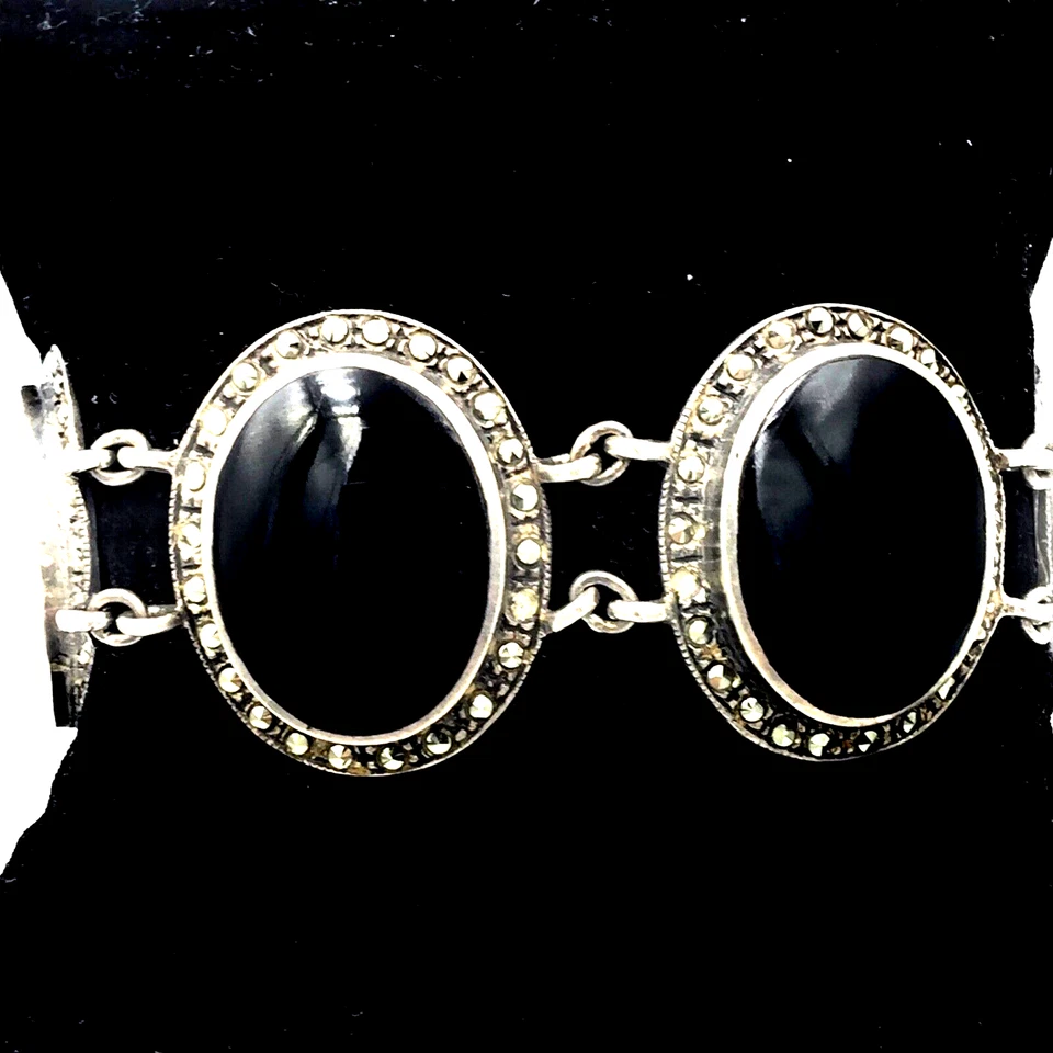 Bracciale vintage con onice e marcasiti in argento brunito 925 Made in Italy - Immagine 2 di 4