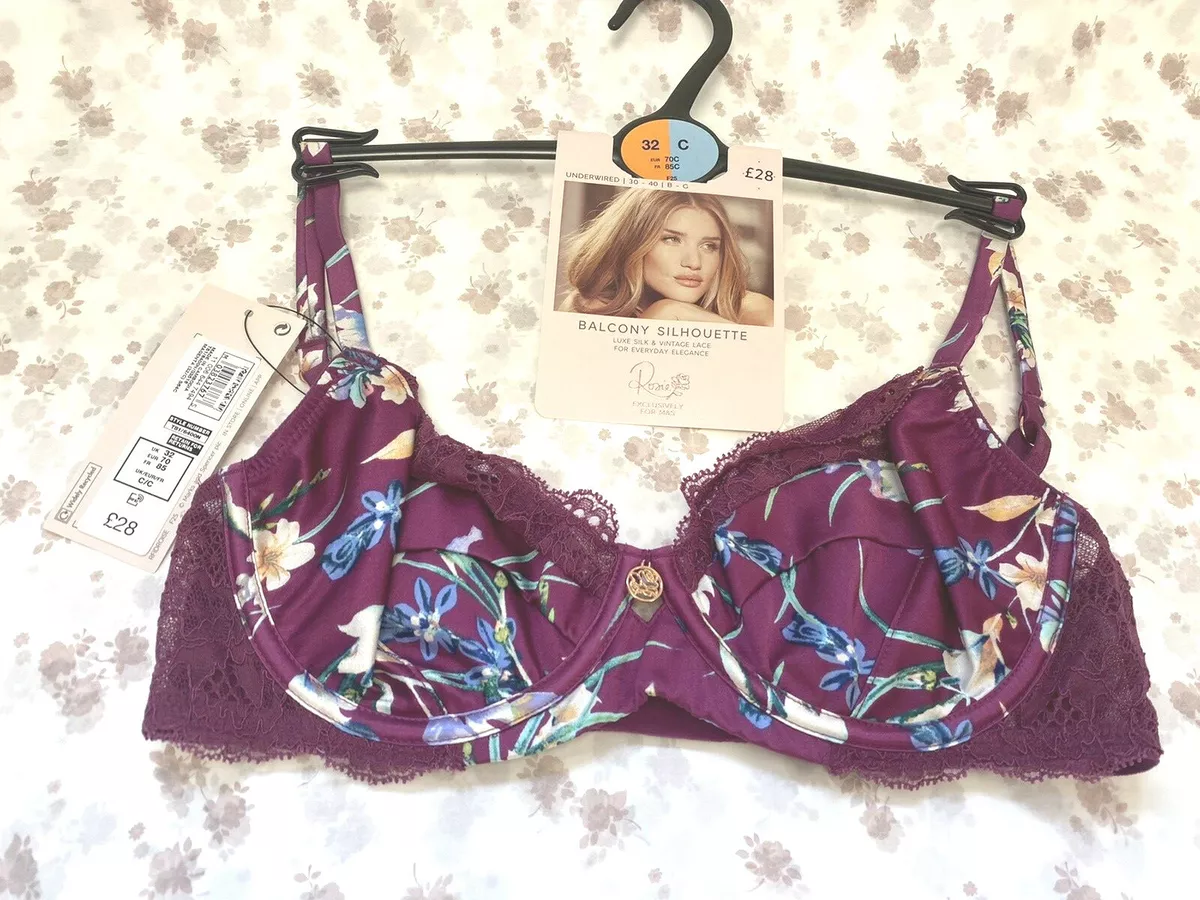 NEW! M&S Rosie Marks & Spencer magenta floral silk/lace balcony silhouette  bra