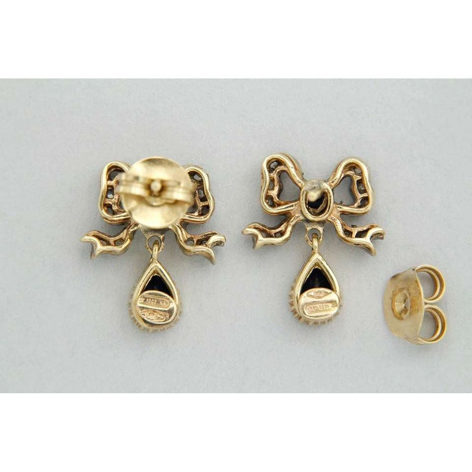 Orecchini in ORO Giallo 14 kt con ZAFFIRO Blu e DIAMANTI Pendenti Stile Antichi - Immagine 3 di 4