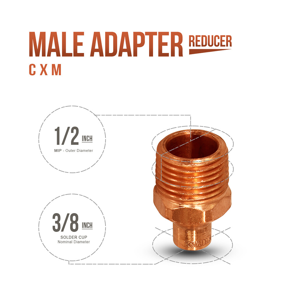 3/8"x1/2"in CxM Copper Male Adapter Sweat x MIP Thread Plumbing Reducer Fitting