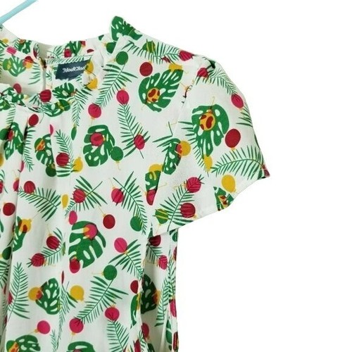 ModCloth Blouse Foliage monstera Leaves High Ruffle Neck Xmas Ornaments L NWOT - Picture 2 of 11