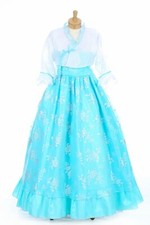 Traditional Korean Hanbok Dress 2pc White  Blue Adult 10 Pre-Owned