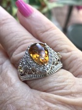 Sz 7 STS Sterling Silver Pear Cut Citrine White Topaz Gemstone Cocktail Ring