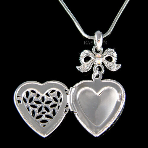 Elegant Filigree ~Heart Locket~ Bow made with Swarovski Crystal Jewelry Necklace - Picture 1 of 5