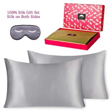 22 Momm Pure Mulberry Natural  Silk Pillowcase 3 pc Gift Set -King  Silver Grey 