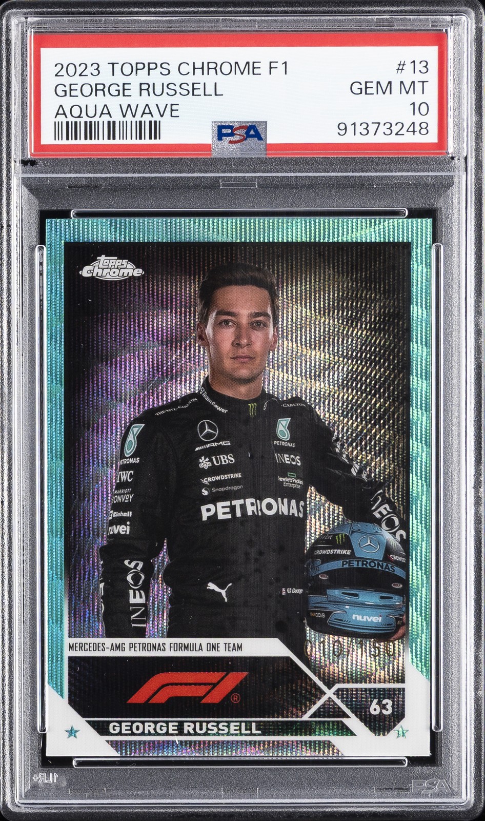 2023 TOPPS CHROME FORMULA 1 AQUA WAVE #13 GEORGE RUSSELL 10/150 PSA 10