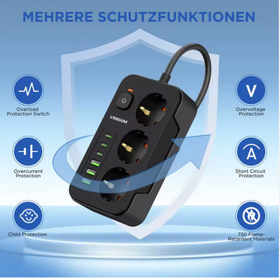 EU Steckdosenleiste 3-Fach mit USB & USB-C   Schnellladung   A-Ware   NEU