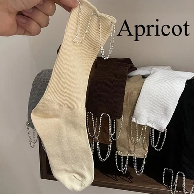 5pairs Femme Coton Mélange mi-Mollet Chaussettes Strass Chaîne Décor Long Solide - Photo 1/4