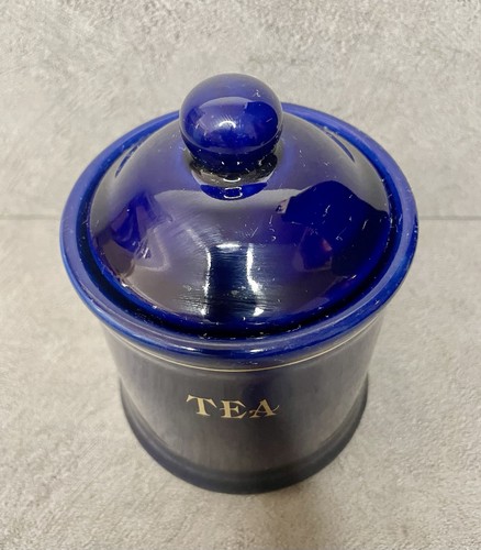 Bote de almacenamiento de té vintage SSI Taiwan con tapa, azul con borde dorado - Imagen 8 de 15