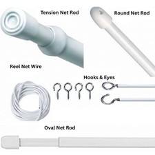 EXTENDABLE WHITE ROUND NET CURTAIN ROD OVAL NET ROD POLE, TENSION ROD & NET WIRE
