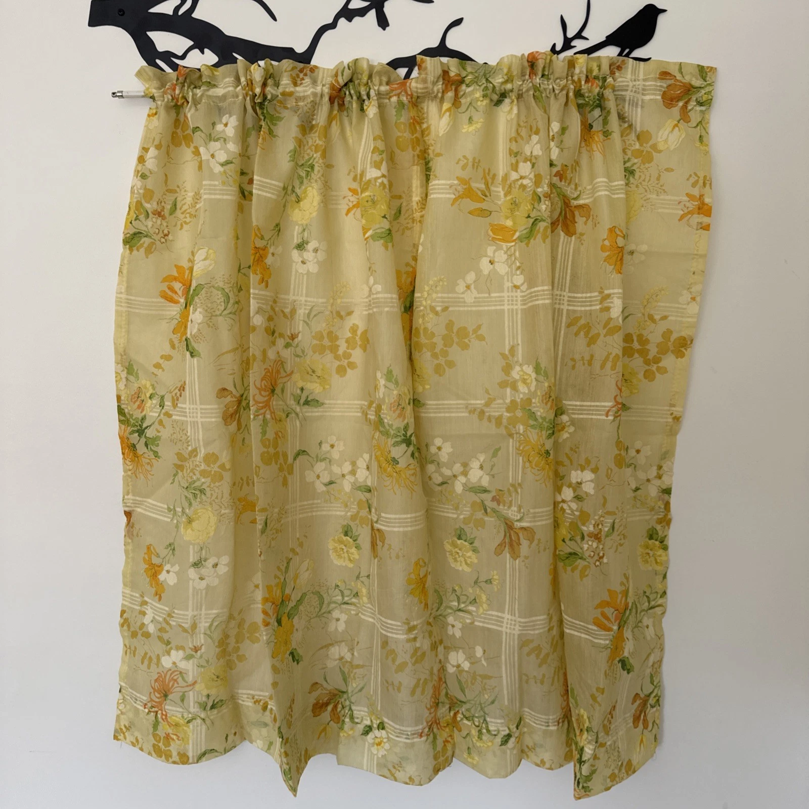 Vintage Sheer Cafe Curtains Yellow Orange Floral Windowpane Rod Top