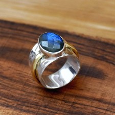 Faceted Blue Fire Oval Labradorite Two Tone 925 Sterling Silver Gift Ring
