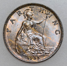 1933 GEORGE V FARTHING, BRITISH BRONZE COIN, BU WITH A LITTLE STREAKY LUSTER