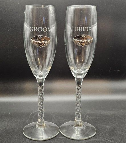 Pair of Bride and Groom Claddagh Champagne Flutes Robert Emmet Co