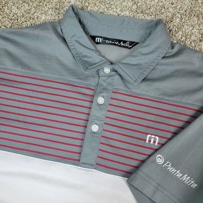 Travis Mathew Mens Medium Gray White Red Striped Performance Stretch Polo SS