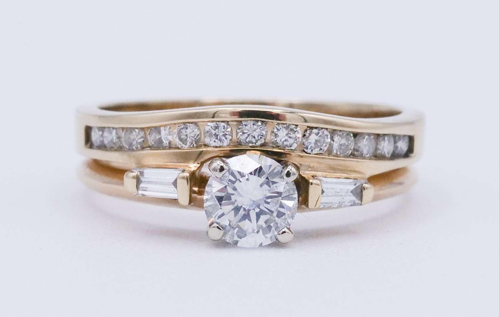 Estate 14KT Yellow Gold .68 cttw Natural Diamond Round & Baguette Wedding Set